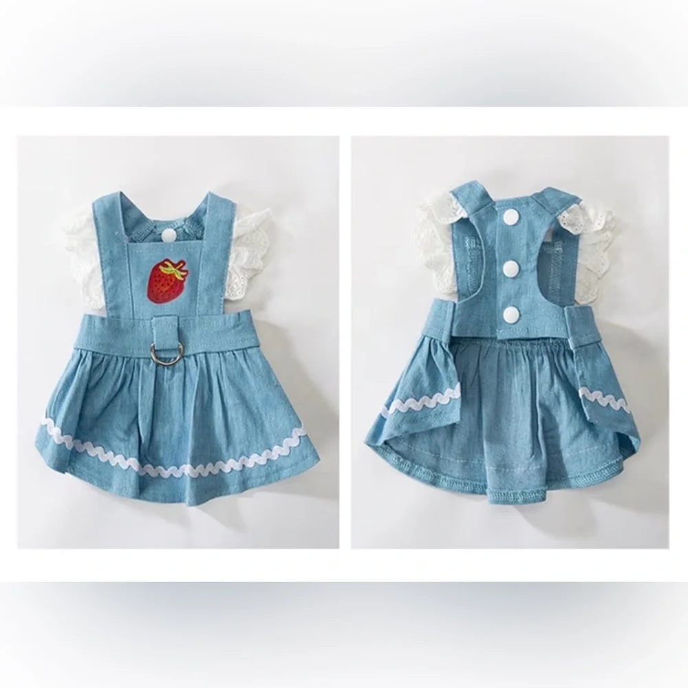 Light Blue Denim Strawberry Dog Dress with D-Ring